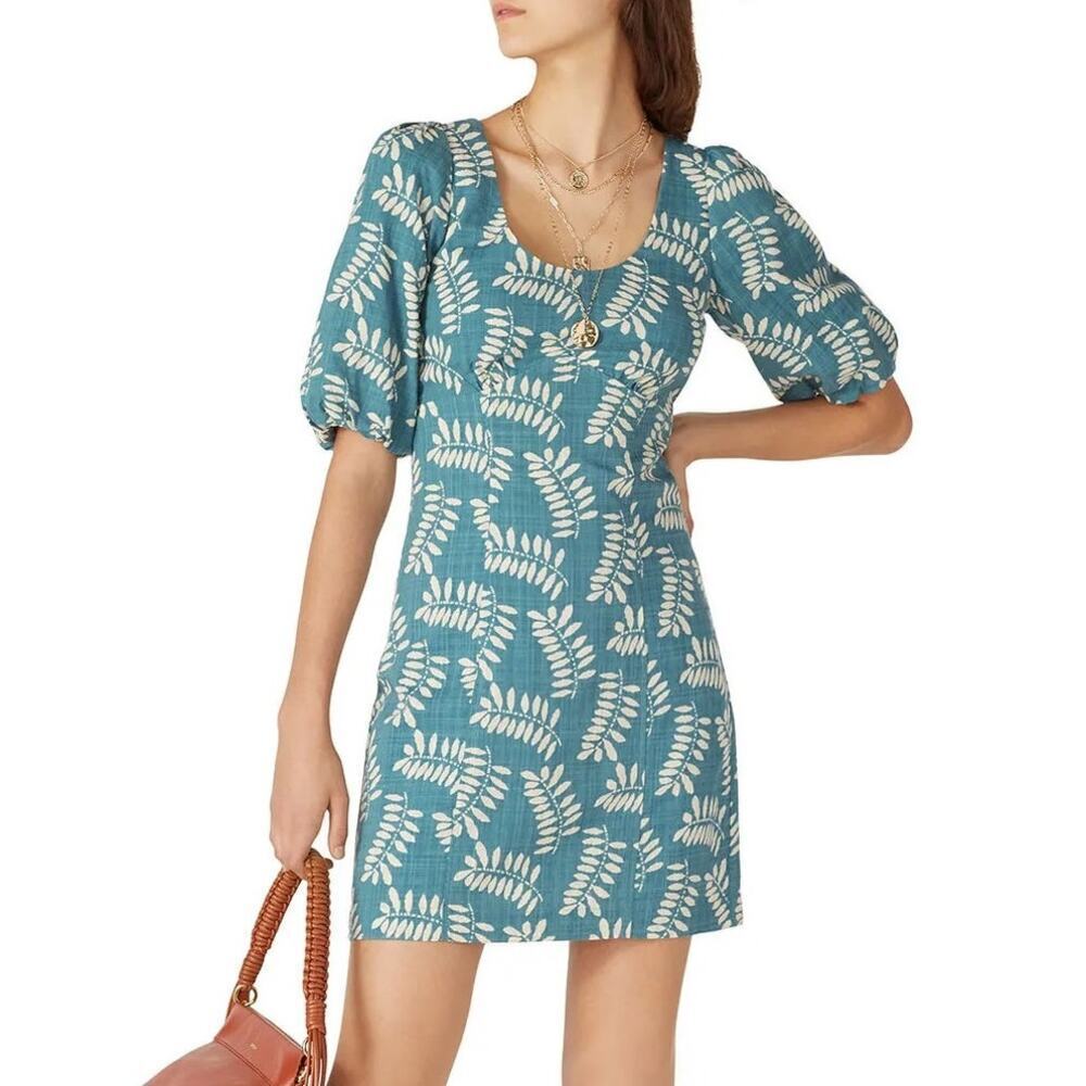 Parker Cammi Dress Leaf Print Short Puff Sleeve Scoop Neck Mini Sheath Green 2 - Picture 1 of 9